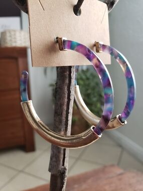 Gold and Purple Multicolor Resin Hoop Earrings